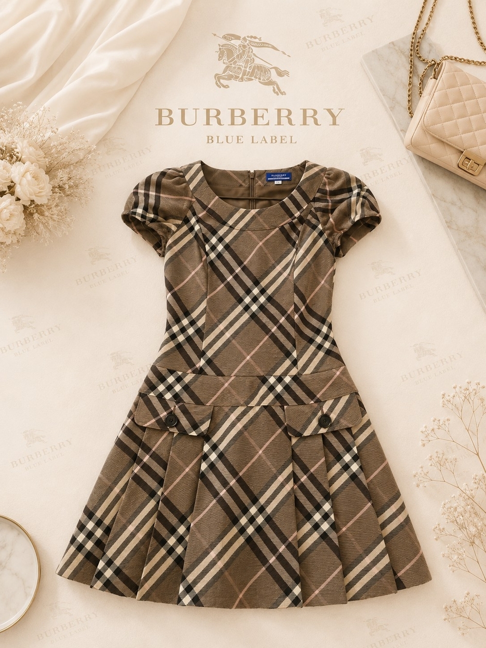 Authentic Burberry Brown Plaid Fit-and-Flare Wool Dress Classic Blue Label Dress